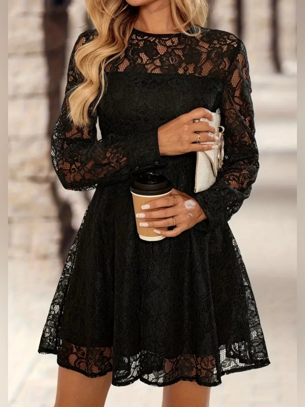 Black Lace Long-Sleeve A-Line Dress